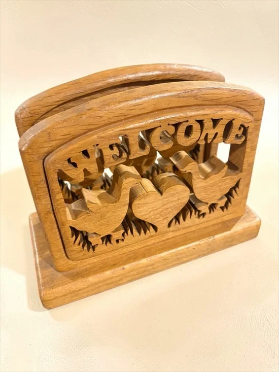 Vintage 1975 Solid Wood Die Cut Goose Welcome Napkin Recipe Mail Book Holder - Picture 9 of 13